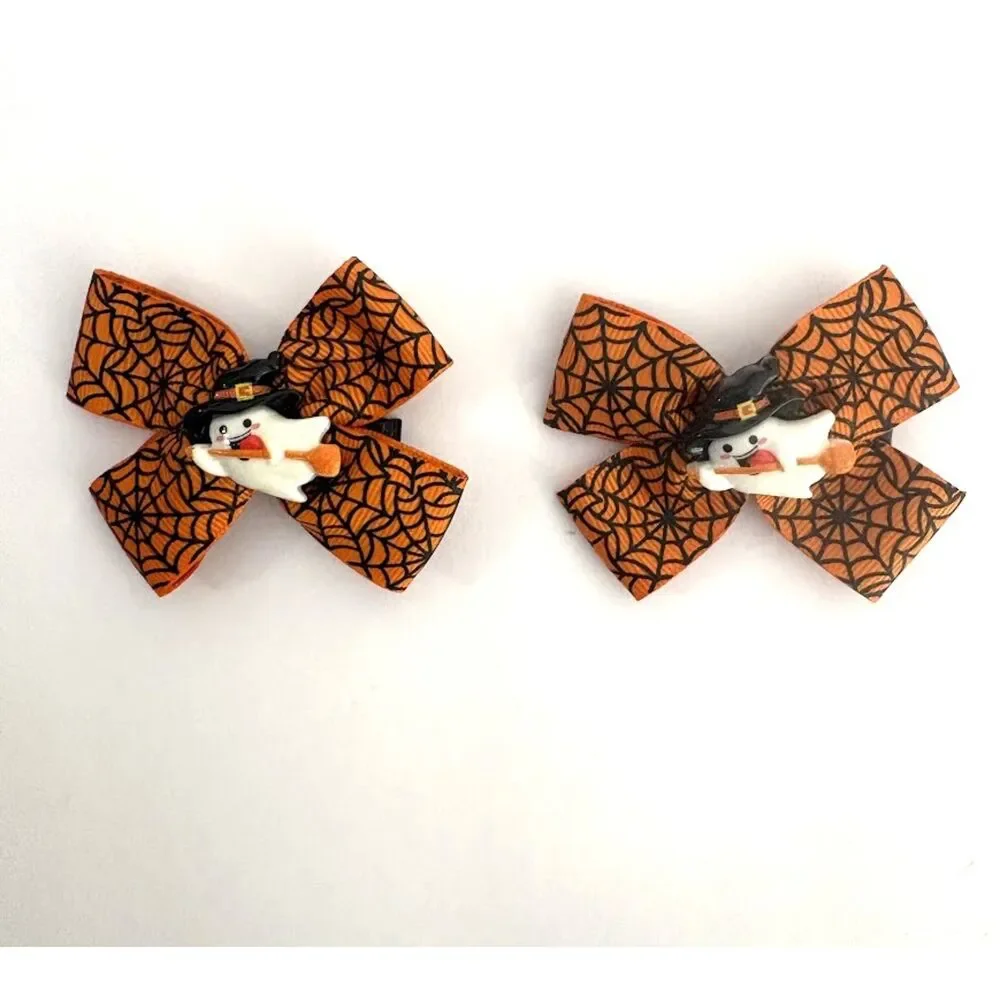 Halloween Hair Bow GHOST Set of 2 Girls Grosgrain Ribbon Bow Clips NWOT